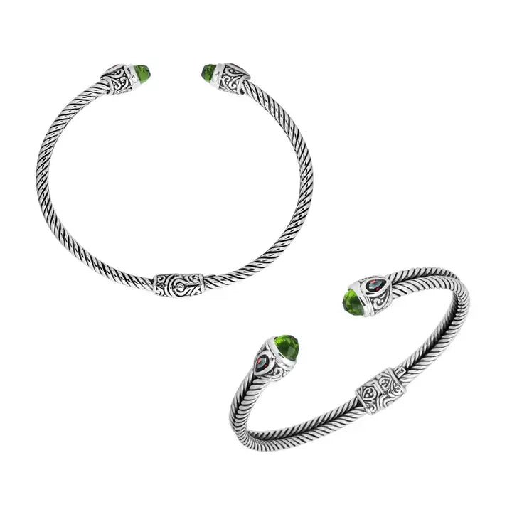 Dual Classic Cable Bracelet, Sterling Silver, Peridot and Garnet Quartz