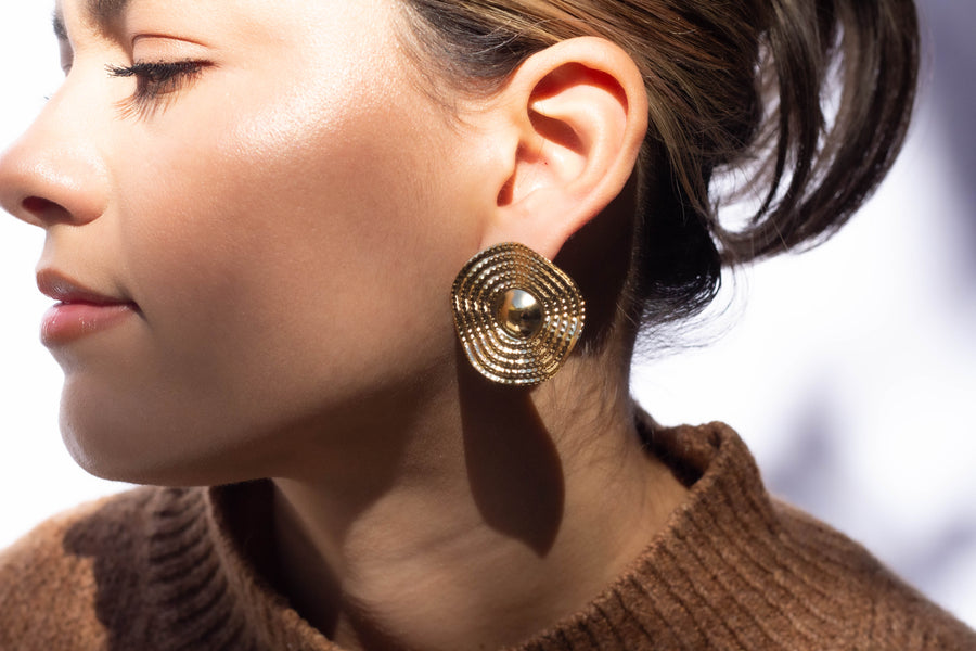 Ribbed Disc Earrings, 18K Gold Plated, 33MM