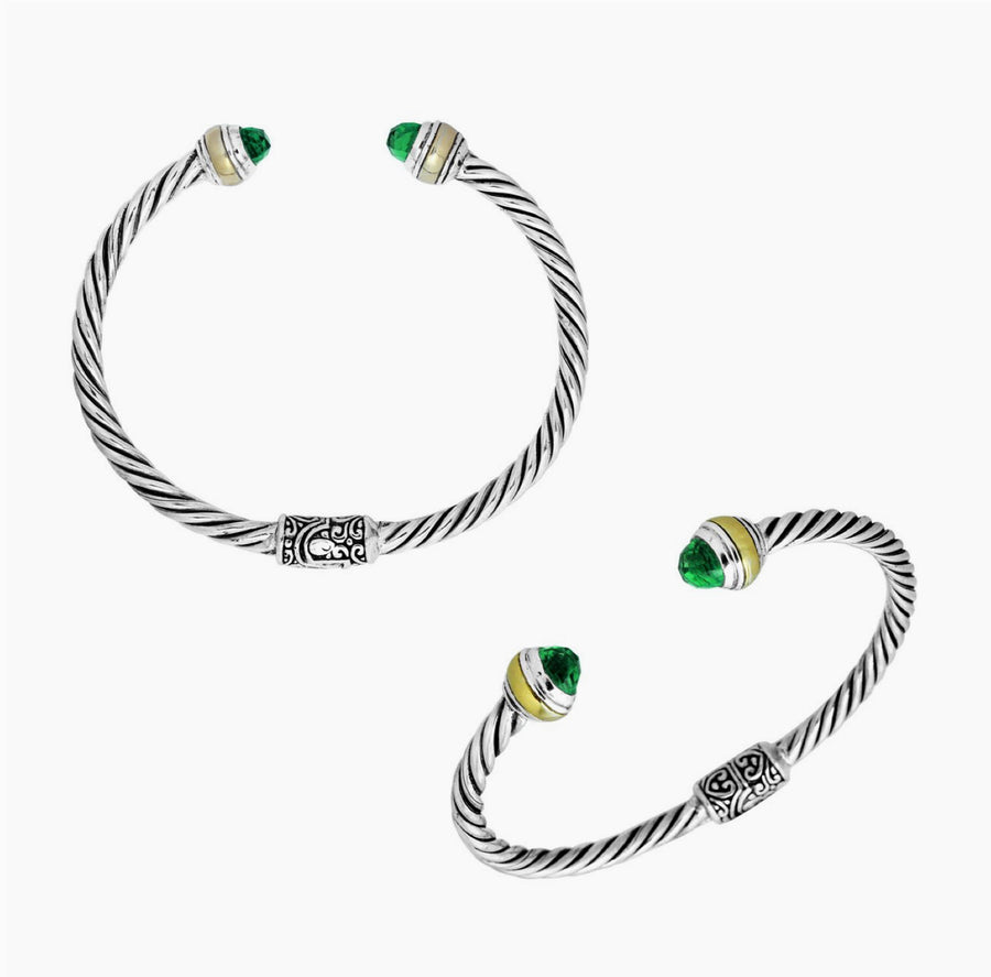 Classic Cable Bracelet, Silver, Gold, Green Quartz