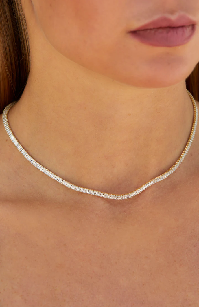 Baguette Stone Flexible Choker Necklace and Bracelet Set, 4MM