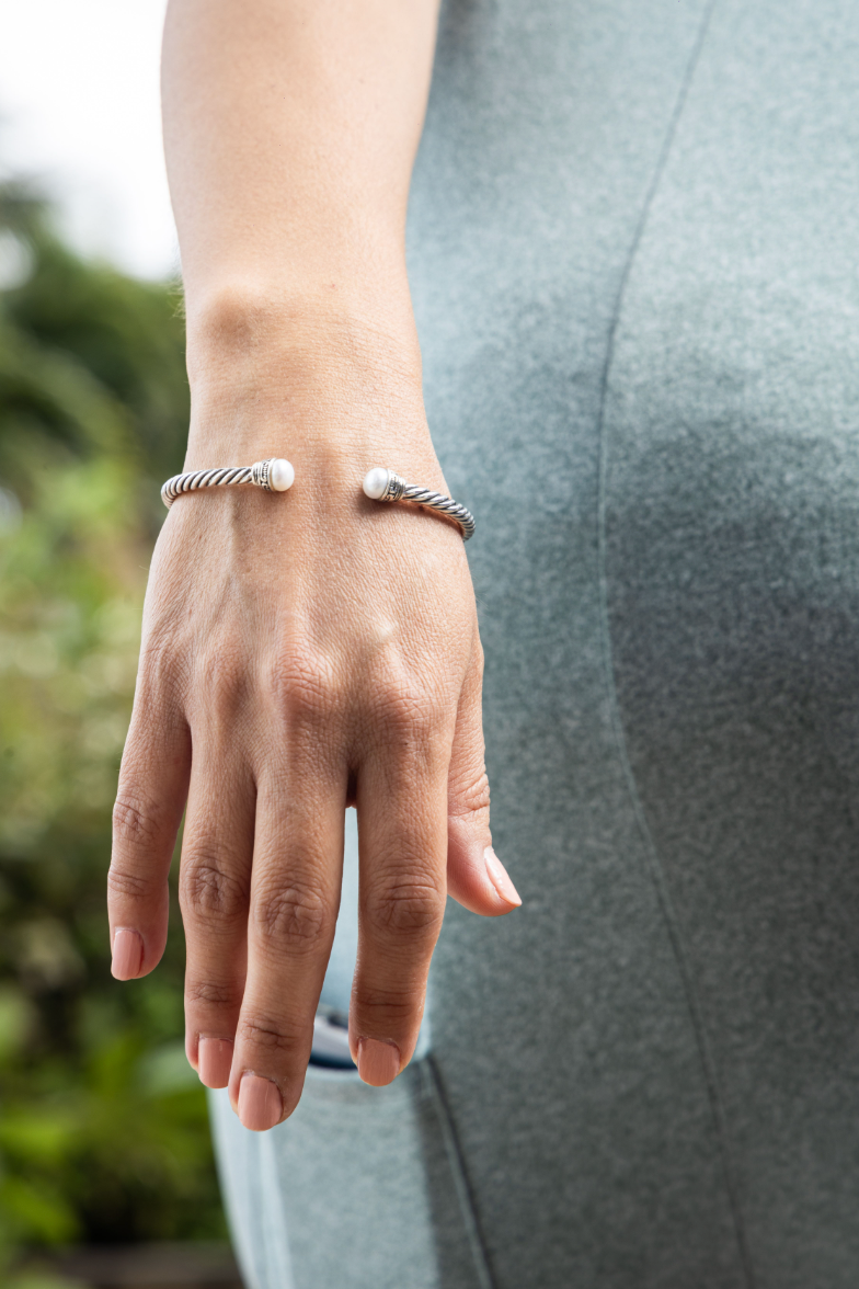 Classic Cable Cuff, Silver, Pearl, 3MM