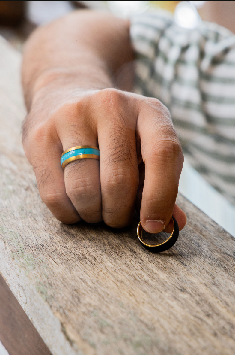 Domed Yellow Gold Plated Blue Turquoise Inlay Band, 8MM