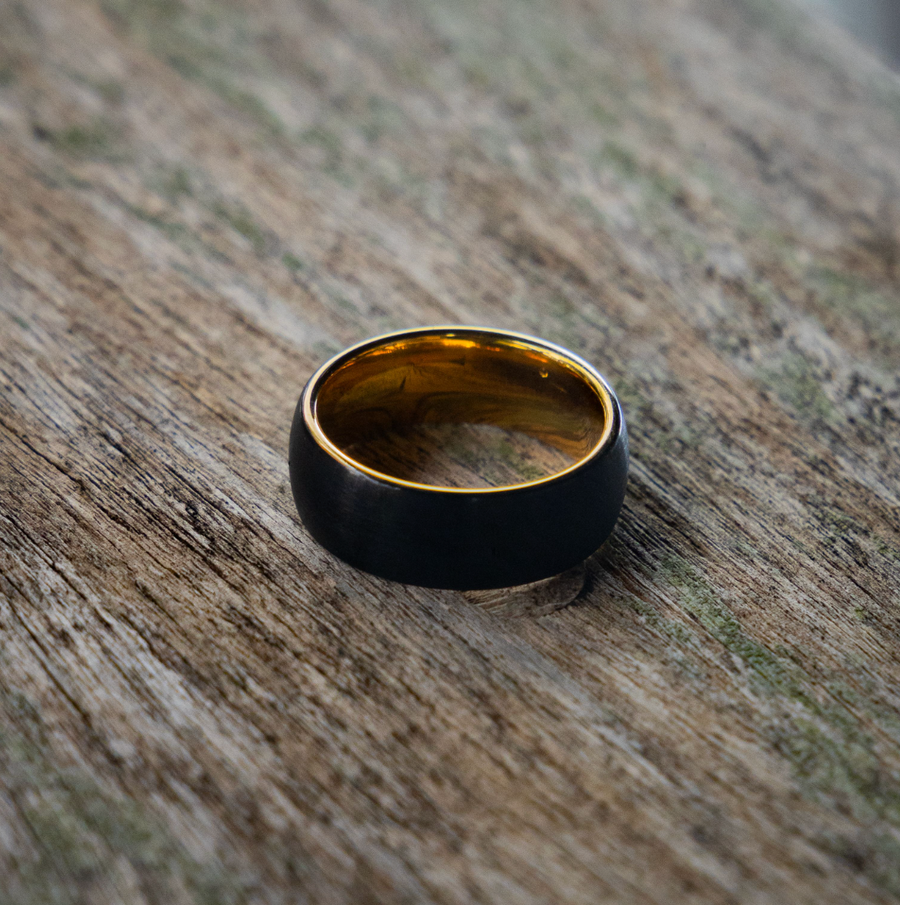 Domed Yellow Gold and Black IP Plated Brushed Band,  8MM