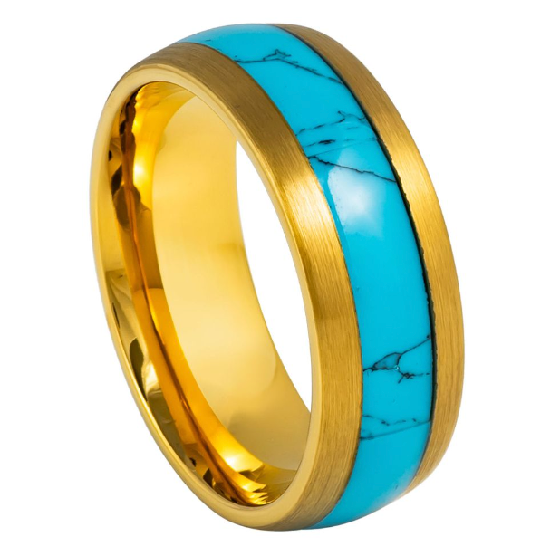 Domed Yellow Gold Plated Blue Turquoise Inlay Band, 8MM