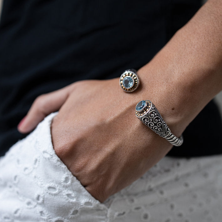 Bali 5MM (3/16") Cuff in Silver with 18K Gold and Gemstones - Model