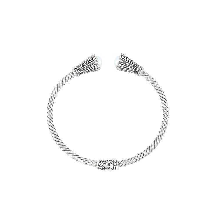 Cable Cuff 3MM in Sterling Silver with Pearl - Top View