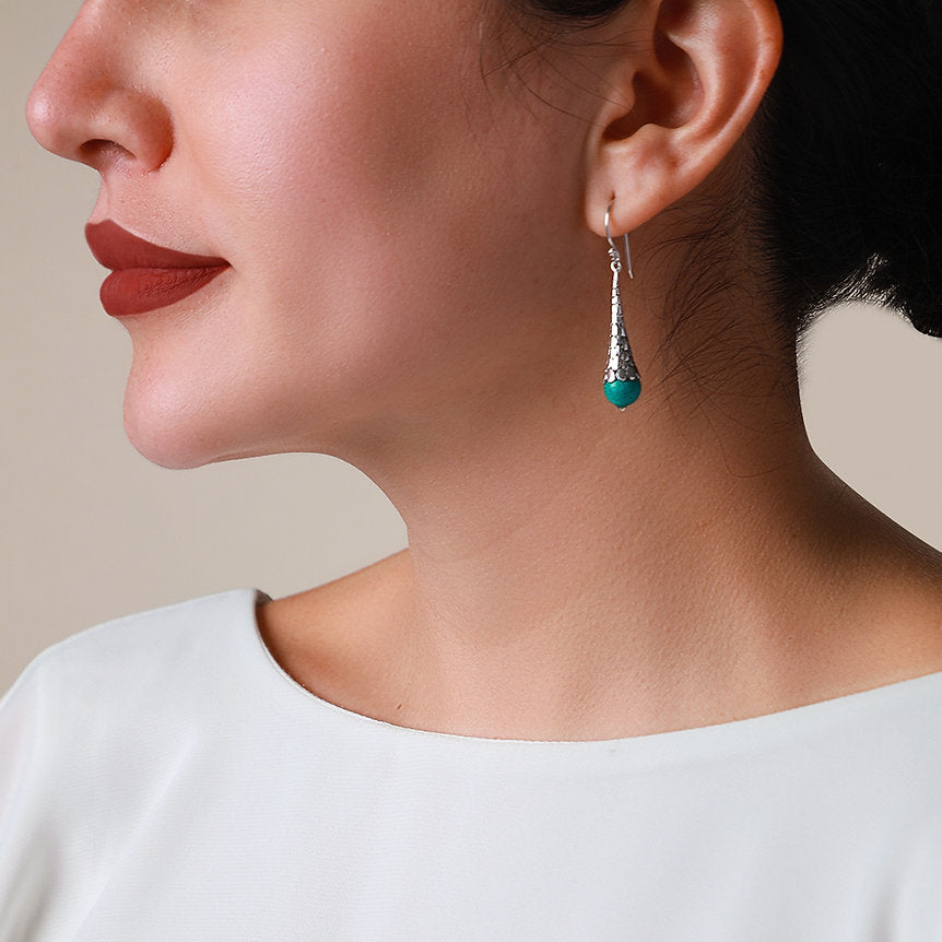 Kali Drop Earrings in Silver with 8MM Turquoise Gemstone -  Model