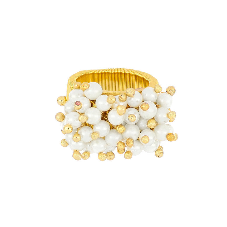 Kundan Beaded Pearl Ring in Gold Plated Silver - Front