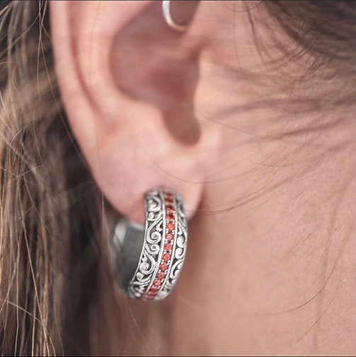 Small Hoop Earrings in Silver with Garnet